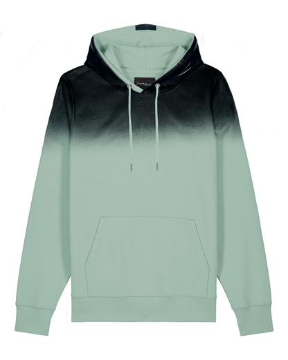 Smoked Green Sweater front view, with a black gradient hood, drawstrings and kangaroo pocket