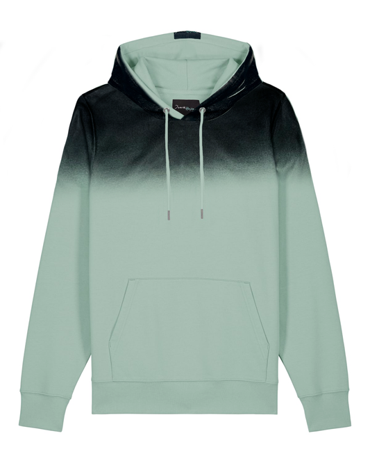 Smoked Green Sweater front view, with a black gradient hood, drawstrings and kangaroo pocket