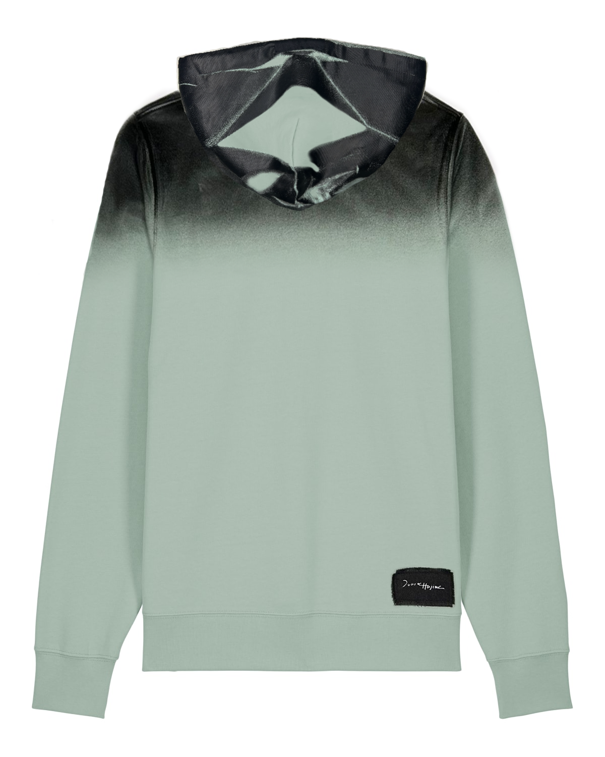 Smoked Green Sweater back view, with a black gradient hood and DuarteHajime label near the hem