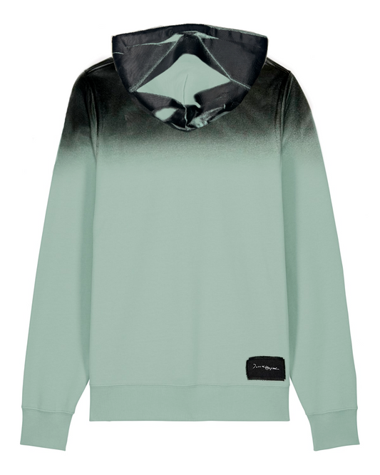 Smoked Green Sweater back view, with a black gradient hood and DuarteHajime label near the hem