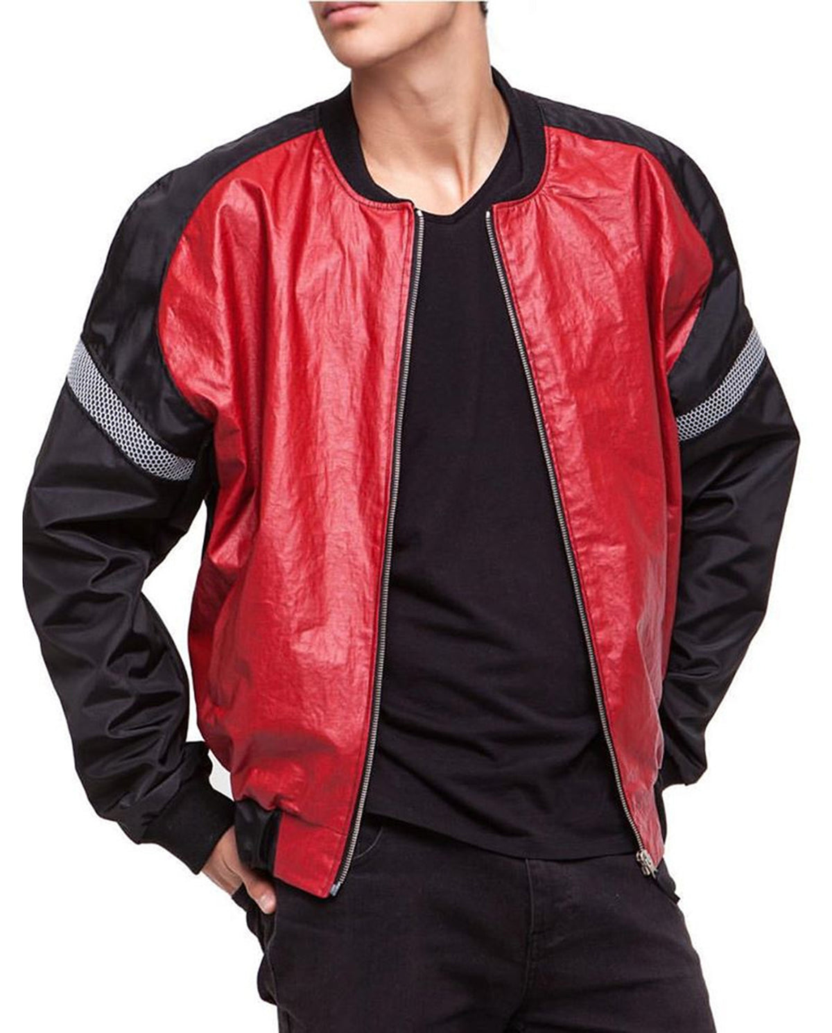 Red Coated Linen and Nylon Bomber Jacket